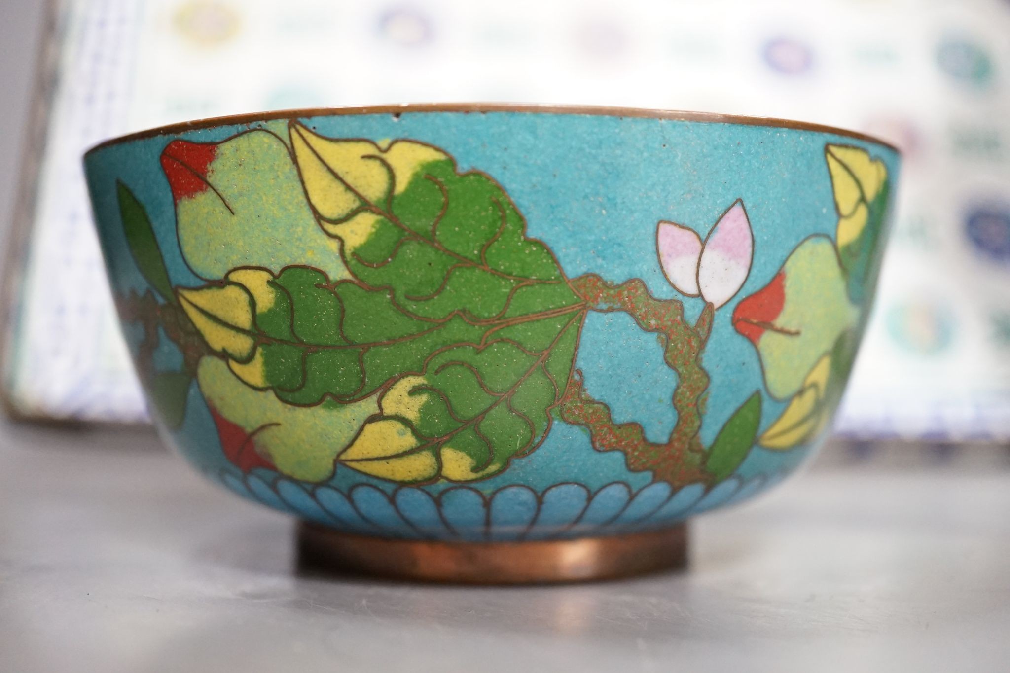 A 19th century Canton enamel tray, a cloisonne enamel bowl and a vase, 30cm